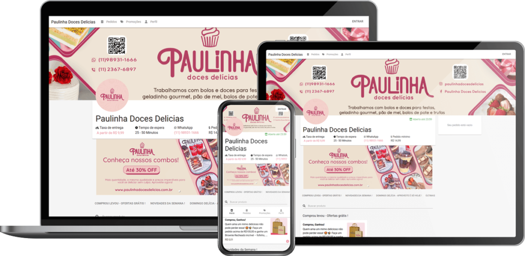 Mockup de telas do sistema de delivery da Paulinha Doces Delícias