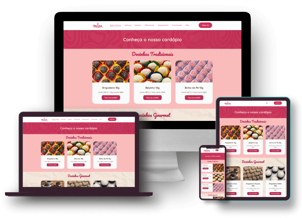 Mockup das telas do sistema de delivery do Paulinha Doces Delícias